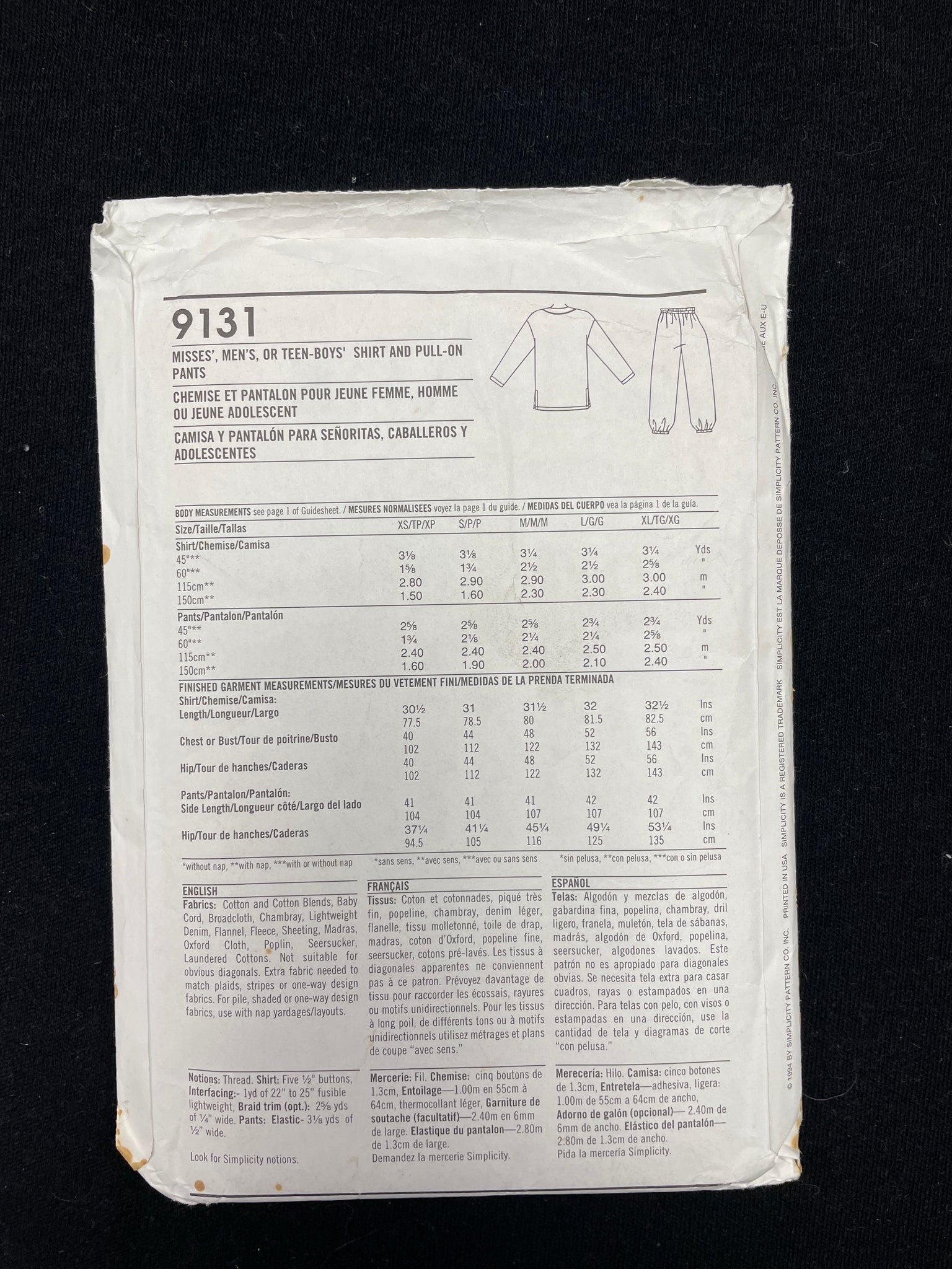 1994 Simplicity 9131 Sewing Pattern - Adult Top and Pants