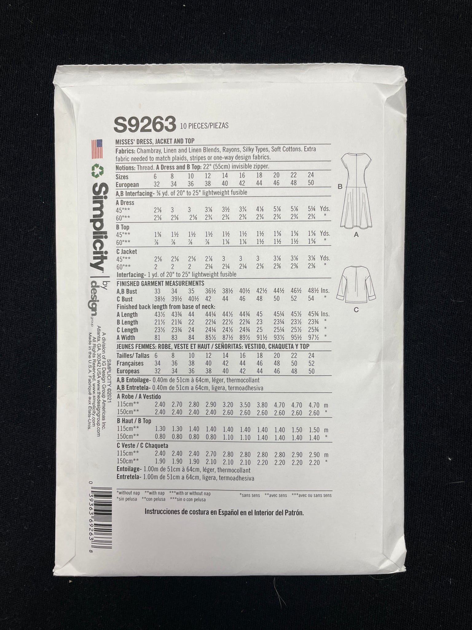 2021 Simplicity 9263 Sewing Pattern - Adult Dress, Top and Jacket FACTORY FOLDED