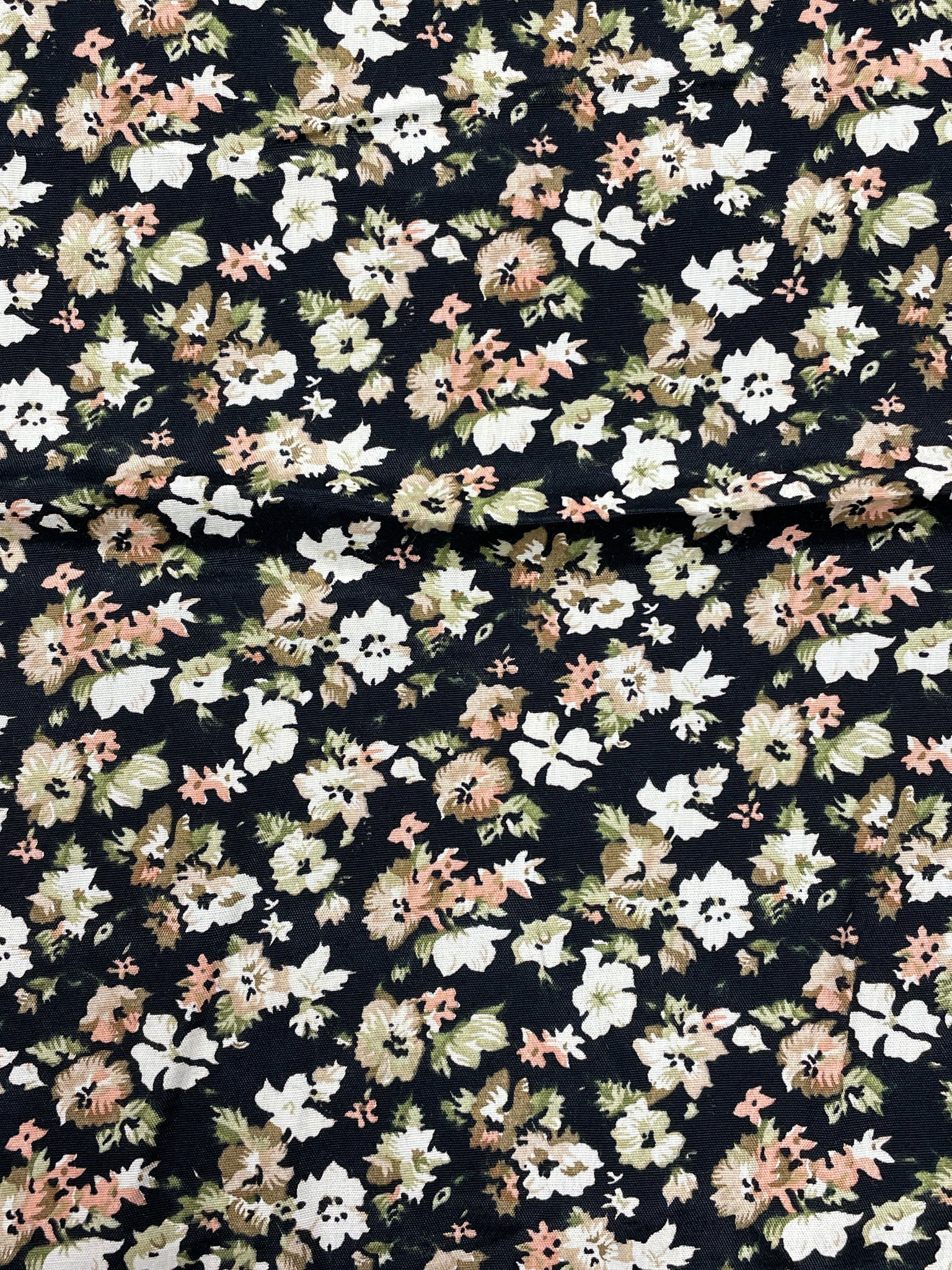 Rayon Vintage - White and Peach Flowers with Green Leaves on Black
