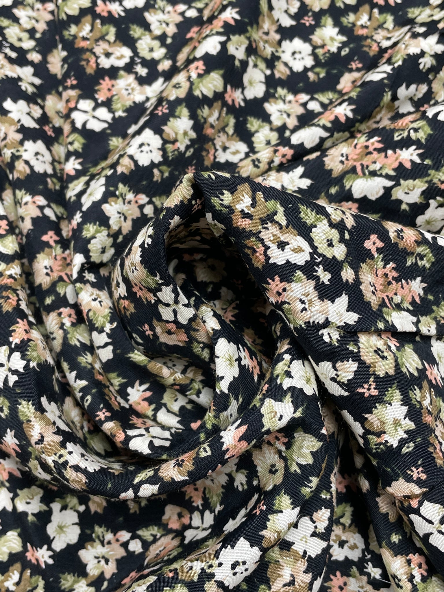 Rayon Vintage - White and Peach Flowers with Green Leaves on Black