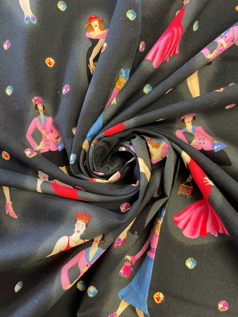 1 3/8 YD Quilting Cotton - Black with Women in Multicolored Outfits