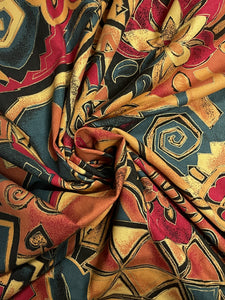2 YD Cotton/Rayon Vintage - Orange, Teal, Red and Black with Gold Accents