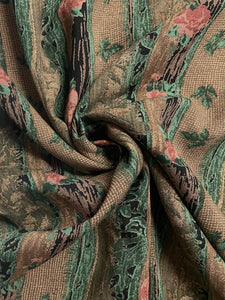 Rayon Vintage - Stripes of Flowers and Ivy Leaves on Tan, Green and Black