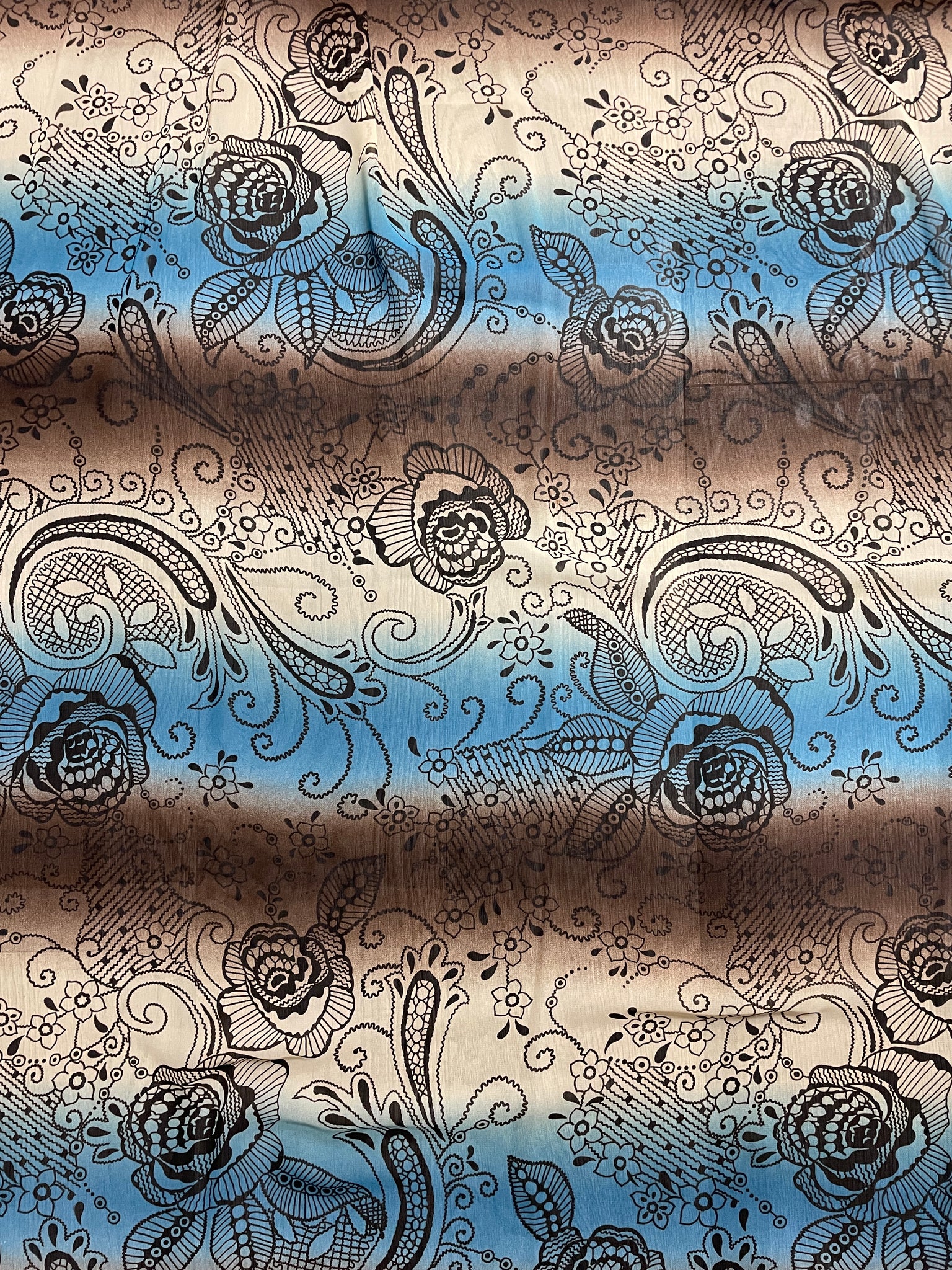 2 YD Polyester Chiffon - Cream, Blue and Brown Stripes with Dark Brown Floral Print