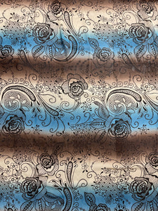 2 YD Polyester Chiffon - Cream, Blue and Brown Stripes with Dark Brown Floral Print