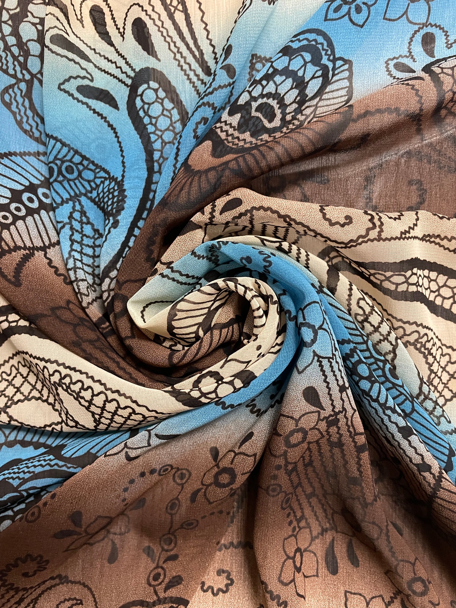 2 YD Polyester Chiffon - Cream, Blue and Brown Stripes with Dark Brown Floral Print
