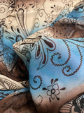 2 YD Polyester Chiffon - Cream, Blue and Brown Stripes with Dark Brown Floral Print