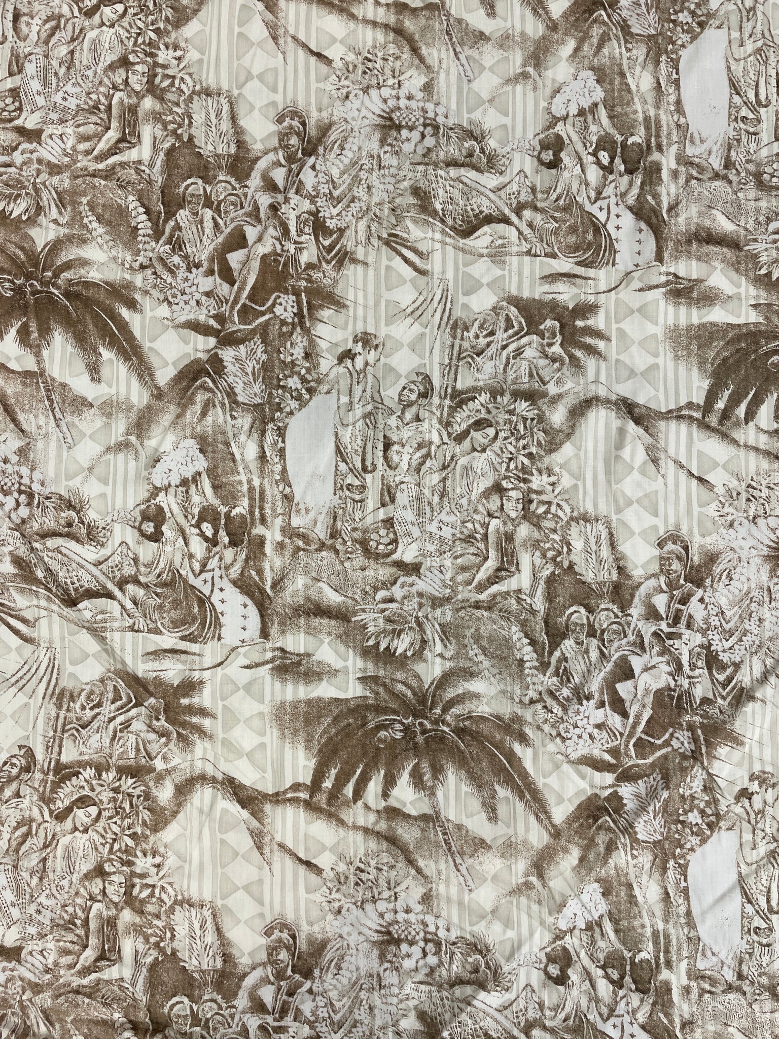 2002 Rayon Vintage - Light Beige and Tan Block Print Style with Palm Trees and Polynesian Scenes