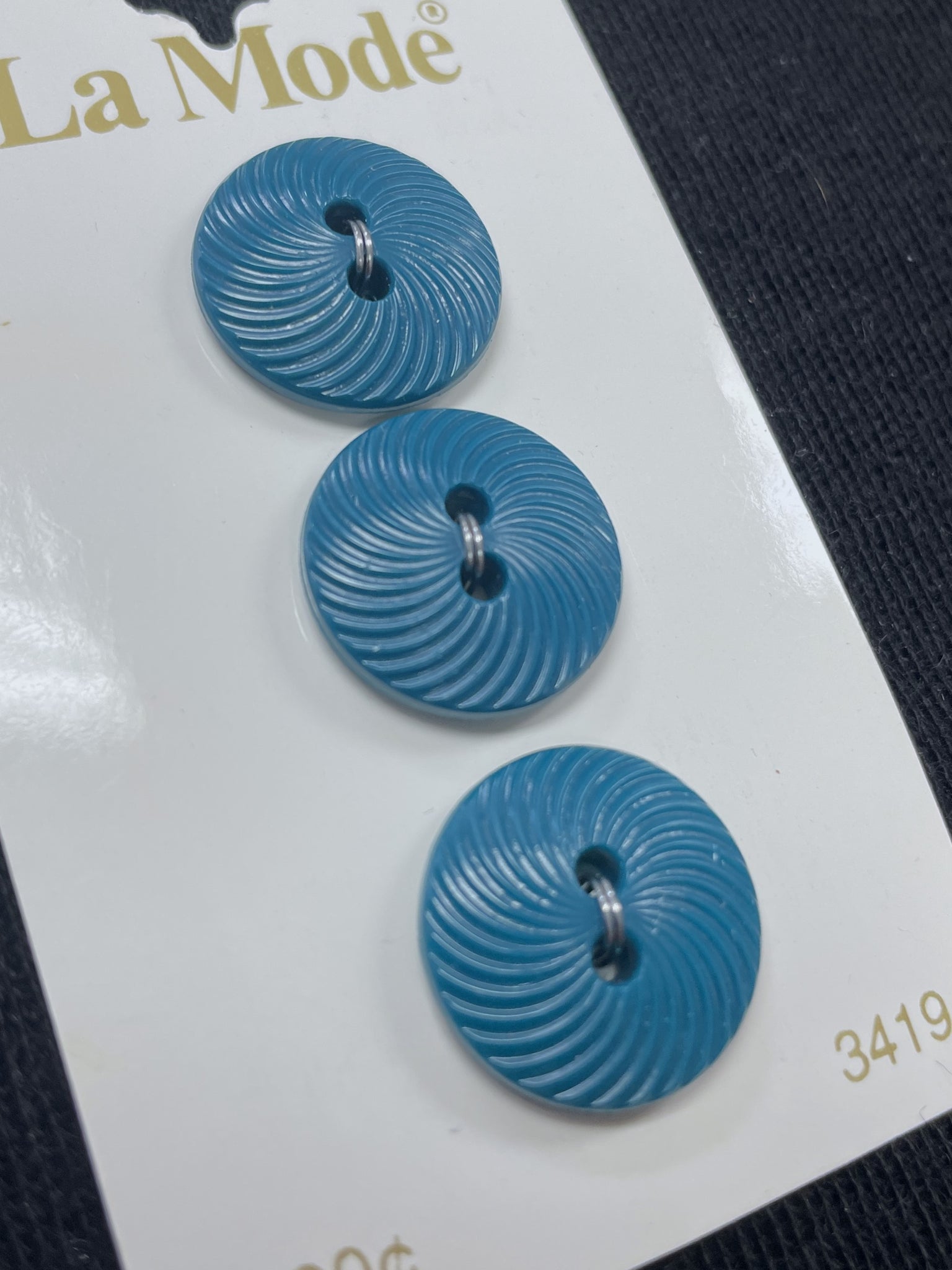 Button Plastic Set of 3 Vintage - Teal Green with Embossed Swirl