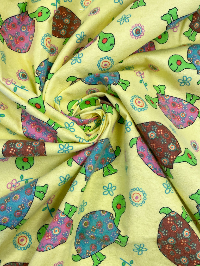 Cotton Flannel Vintage - Bright Yellow with Turtles