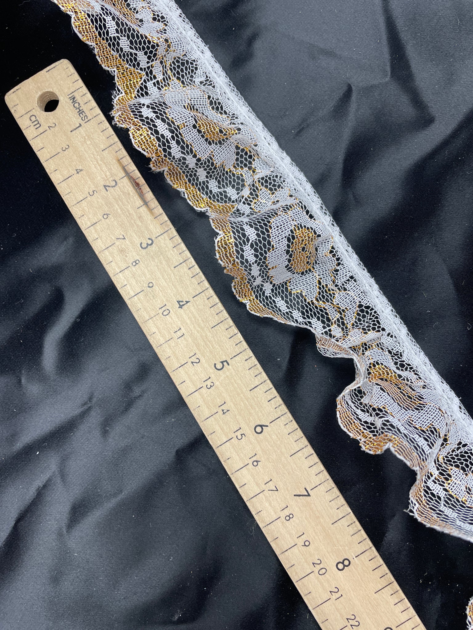 1 7/8 YD Polyester Ruffled Wide Lace Trim - White and Metallic Gold Accents