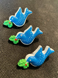 Buttons Plastic Hand Painted Set of 3 - Blue Birds with Holly Leaves