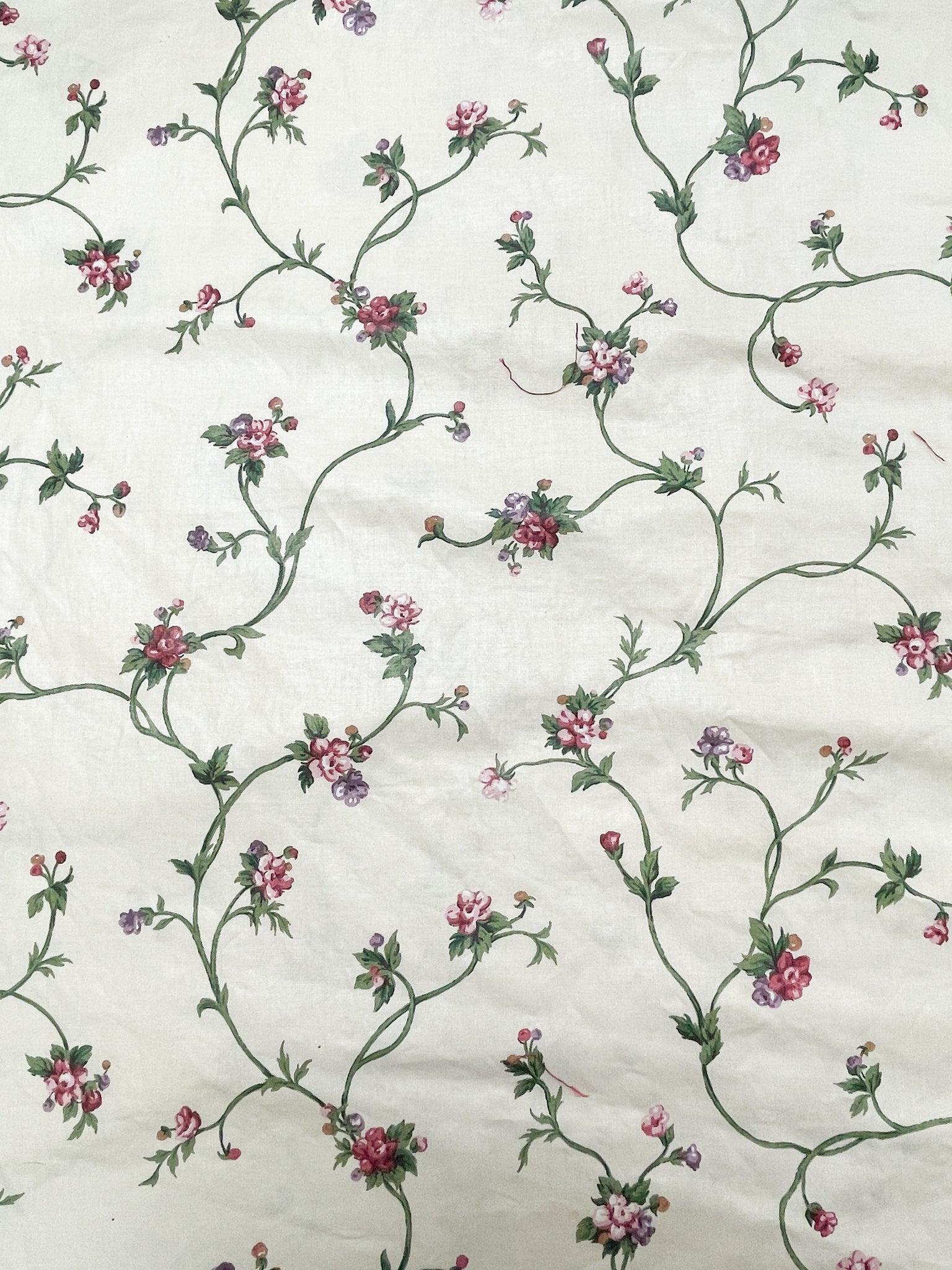Cotton Chintz Salvaged- Off White with Burgundy Flowers on Green Stems