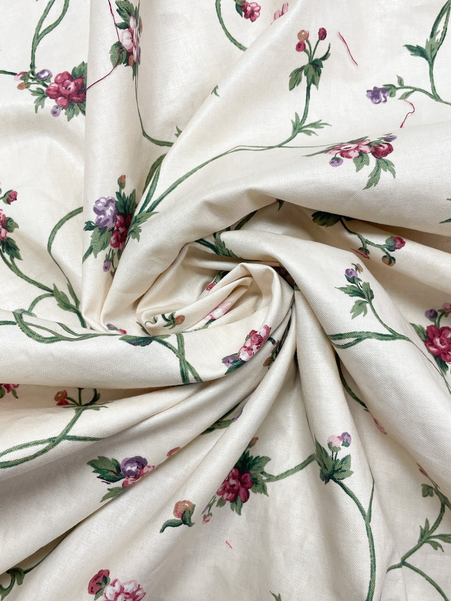 Cotton Chintz Salvaged- Off White with Burgundy Flowers on Green Stems