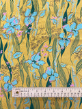 2 1/8 YD Rayon Vintage - Golden Yellow with Aqua Iris Flowers and Green Leaves and Black Line Drawings of Dear