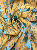 2 1/8 YD Rayon Vintage - Golden Yellow with Aqua Iris Flowers and Green Leaves and Black Line Drawings of Dear