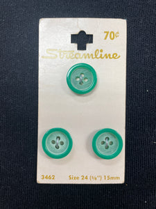 Buttons Plastic Set of 3 Vintage - Whitewashed Green Center with Shiny Outer Ring