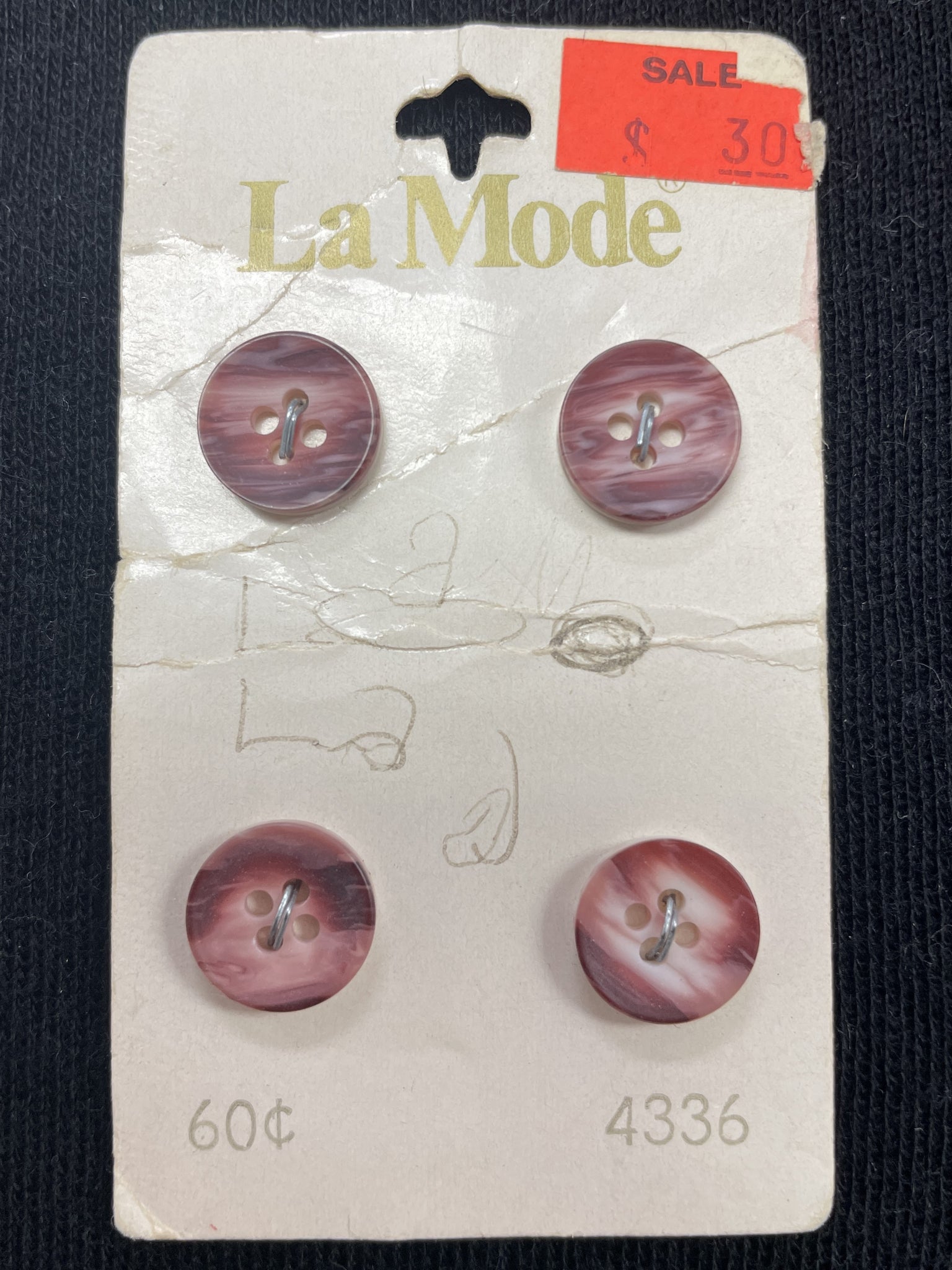 Button Plastic Set of 4 Vintage - Maroon with Striated with White