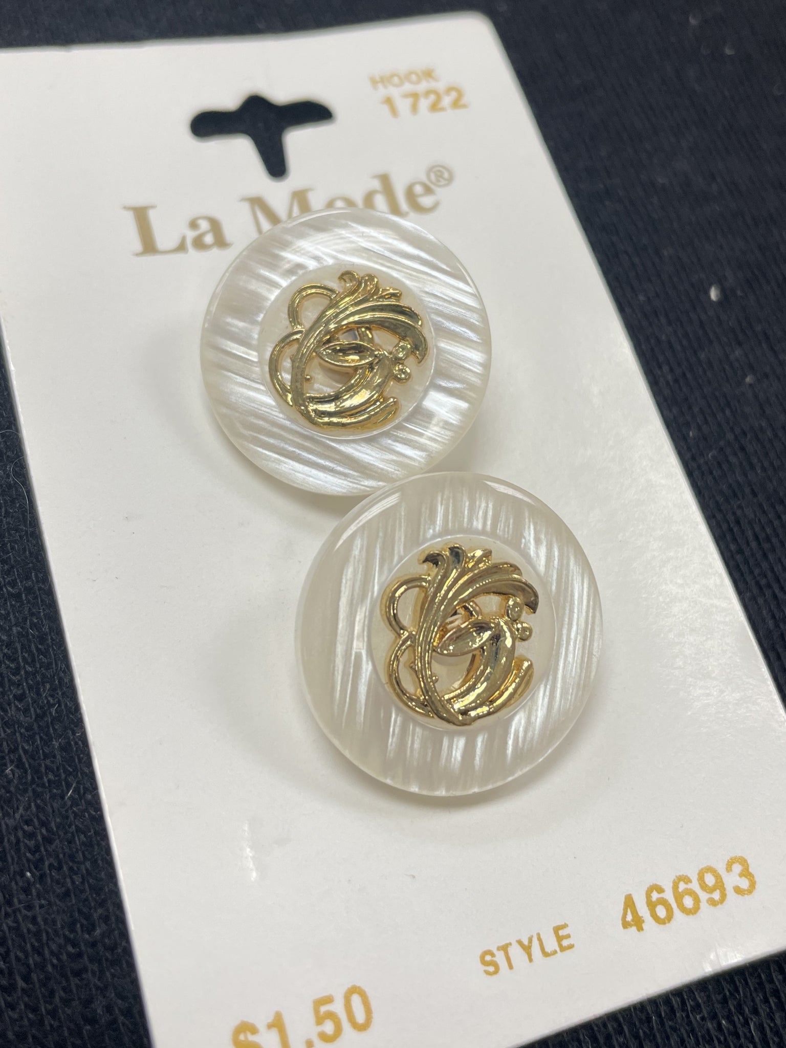 Button Plastic Set of 2 Vintage - Pearlescent White with Metallic Gold Filigree Centers