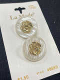 Button Plastic Set of 2 Vintage - Pearlescent White with Metallic Gold Filigree Centers