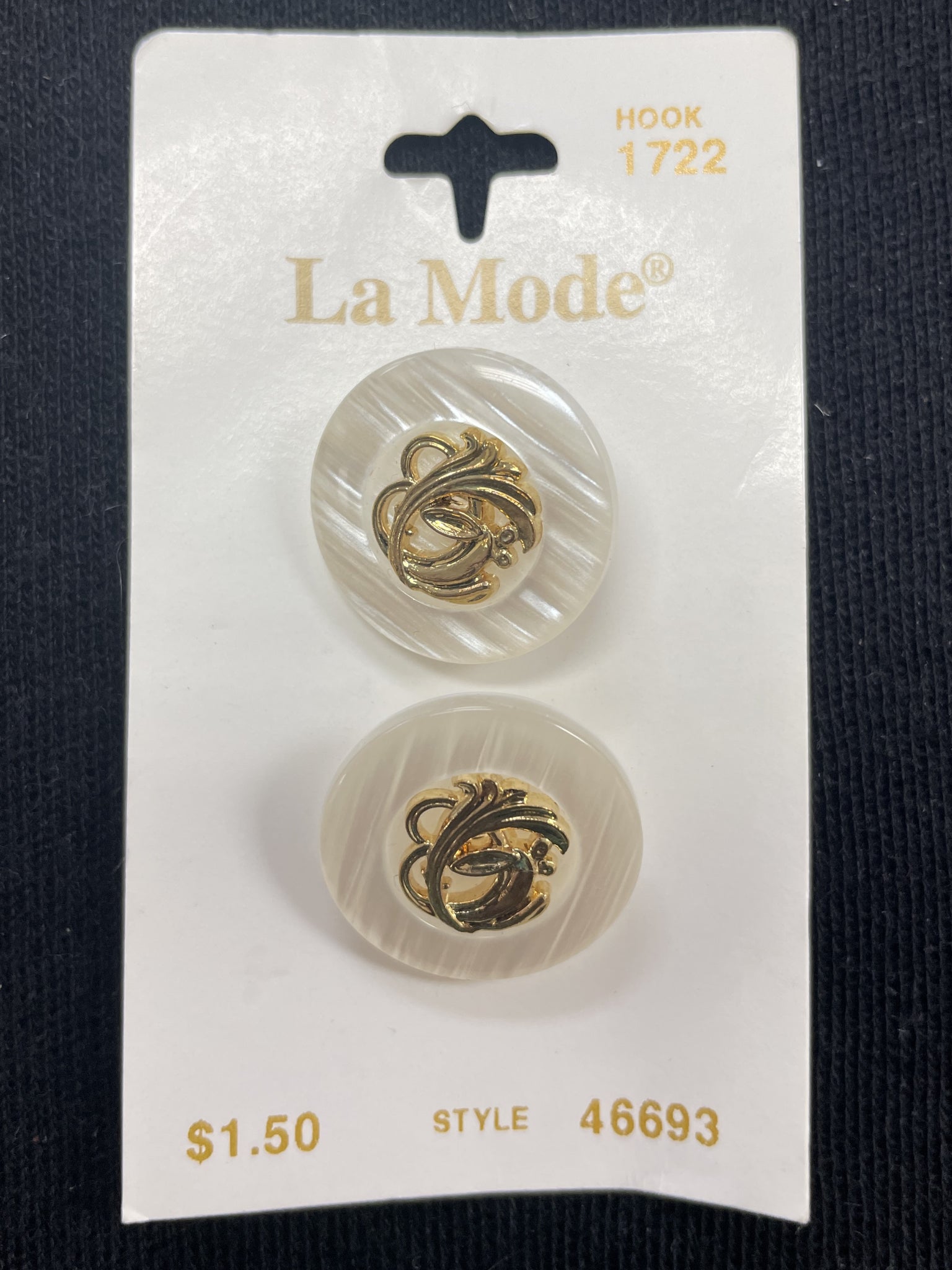 Button Plastic Set of 2 Vintage - Pearlescent White with Metallic Gold Filigree Centers