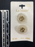 Button Plastic Set of 2 Vintage - Pearlescent White with Metallic Gold Filigree Centers