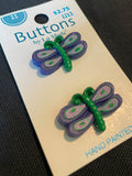 Buttons Plastic Hand Painted Set of 2 - Purple and Green Dragonflies