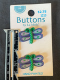 Buttons Plastic Hand Painted Set of 2 - Purple and Green Dragonflies
