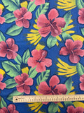 4 YD Cotton Blend Batiste Vintage - Dark Pink Hibiscus Flowers with Green Leaves and Bananas on Blue