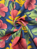 4 YD Cotton Blend Batiste Vintage - Dark Pink Hibiscus Flowers with Green Leaves and Bananas on Blue