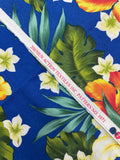 2003 1 YD Quilting Cotton Vintage - Yellow, Orange and White Tropical Flowers with Green Leaves on Royal Blue