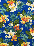 2003 1 YD Quilting Cotton Vintage - Yellow, Orange and White Tropical Flowers with Green Leaves on Royal Blue