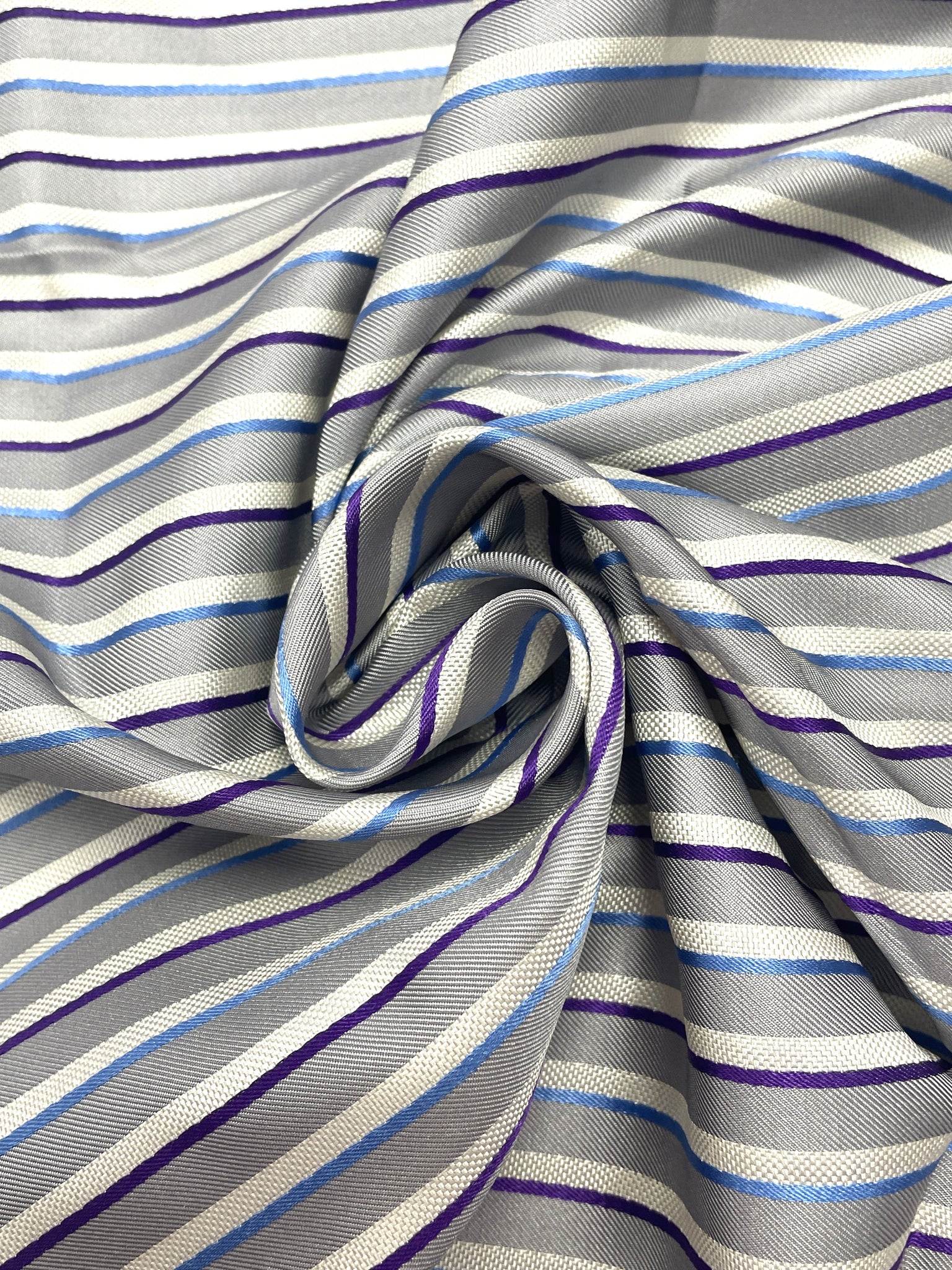 2 1/8 YD Tie Silk Yarn-Dyed Stripes - Light Gray, White, Purple and Blue