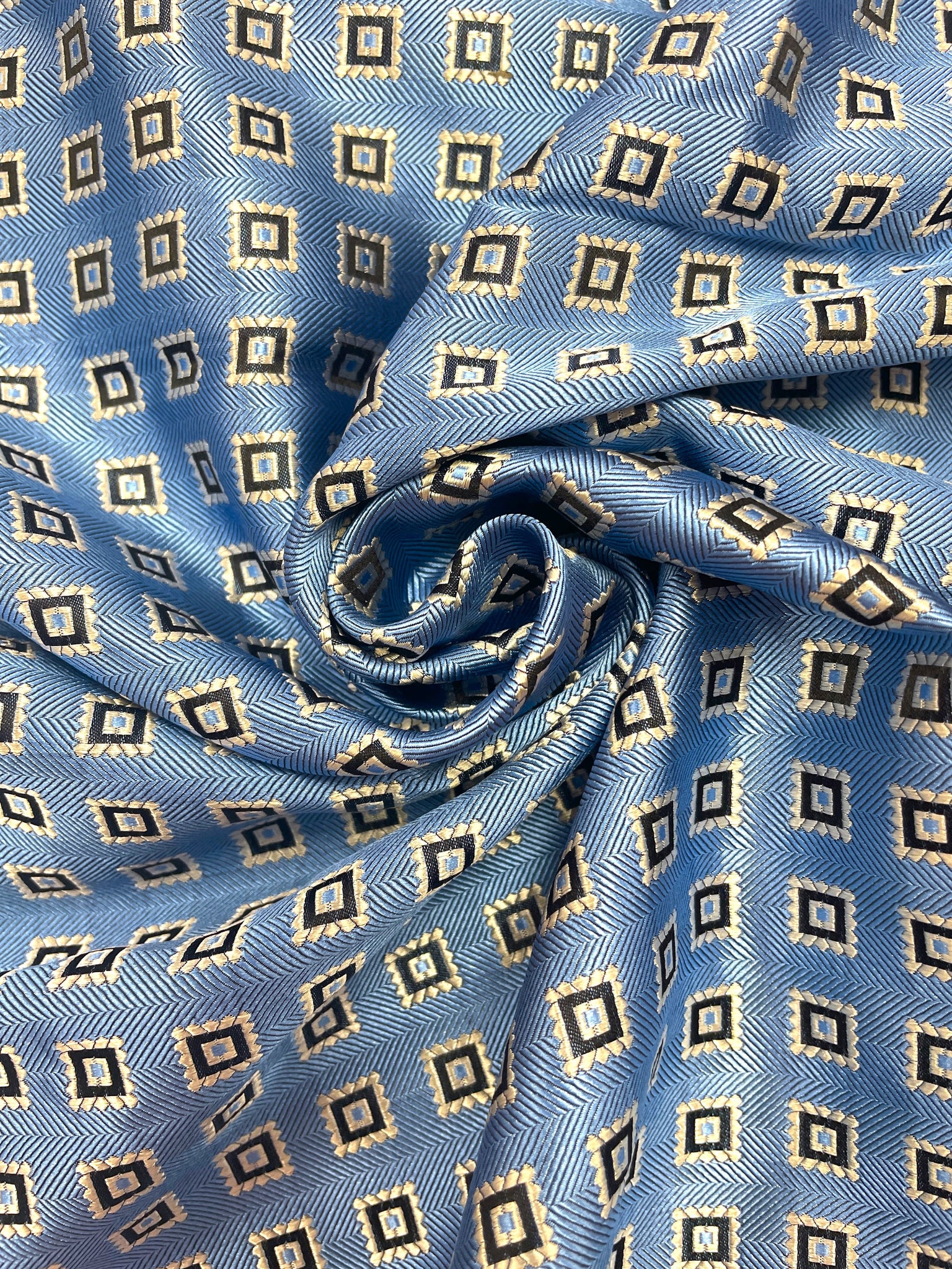 3 3/8 YD Tie Silk - Light Blue with White Squares with Navy and Light Blue Centers