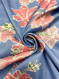 1 3/4 YD Polyester Vintage - Pink, White and Green Tropical Flowers on Blue