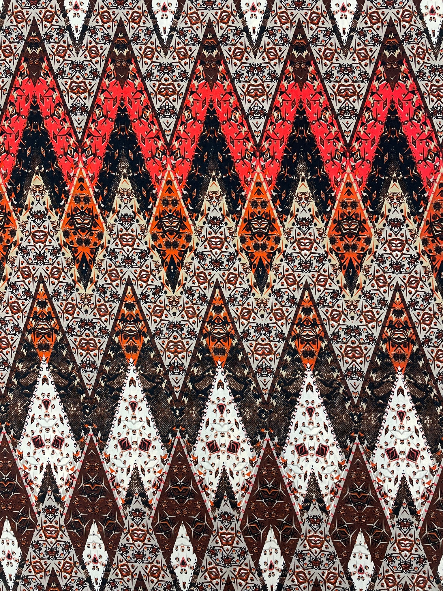 Polyester Stretch Knit - Orange, Red and Off White Diamonds with Geometrics