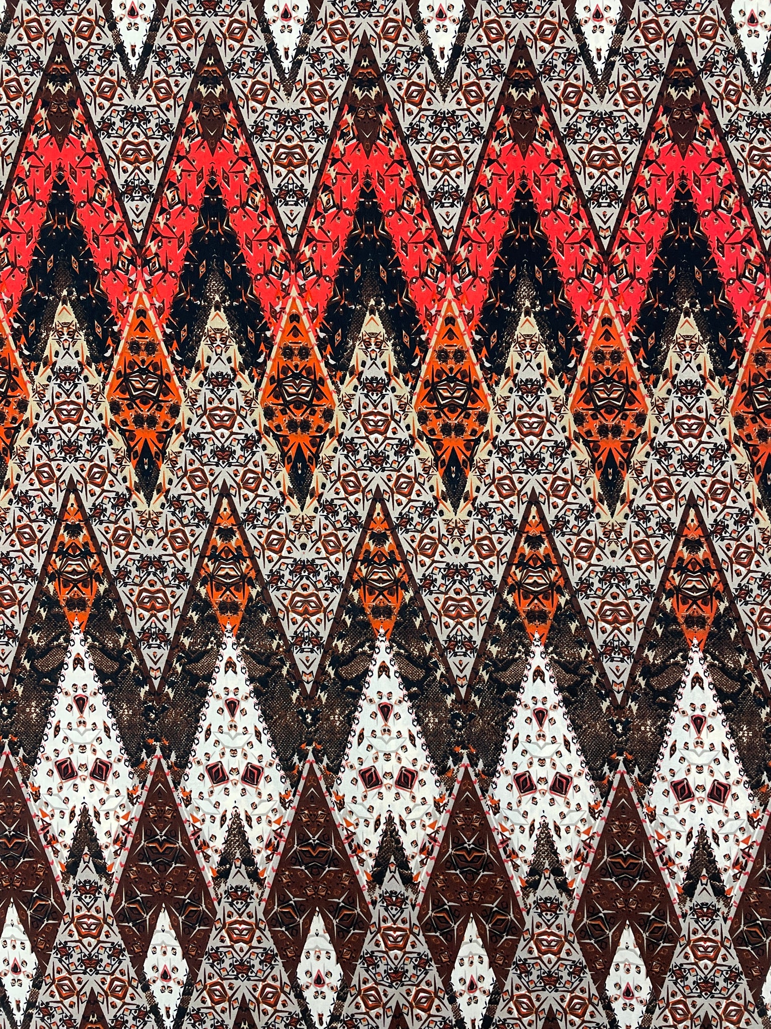 SALE 4 YD Polyester Stretch Knit - Orange, Red and Off White Diamonds with Geometrics