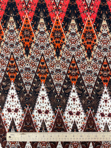 SALE Polyester Stretch Knit - Orange, Red and Off White Diamonds with Geometrics