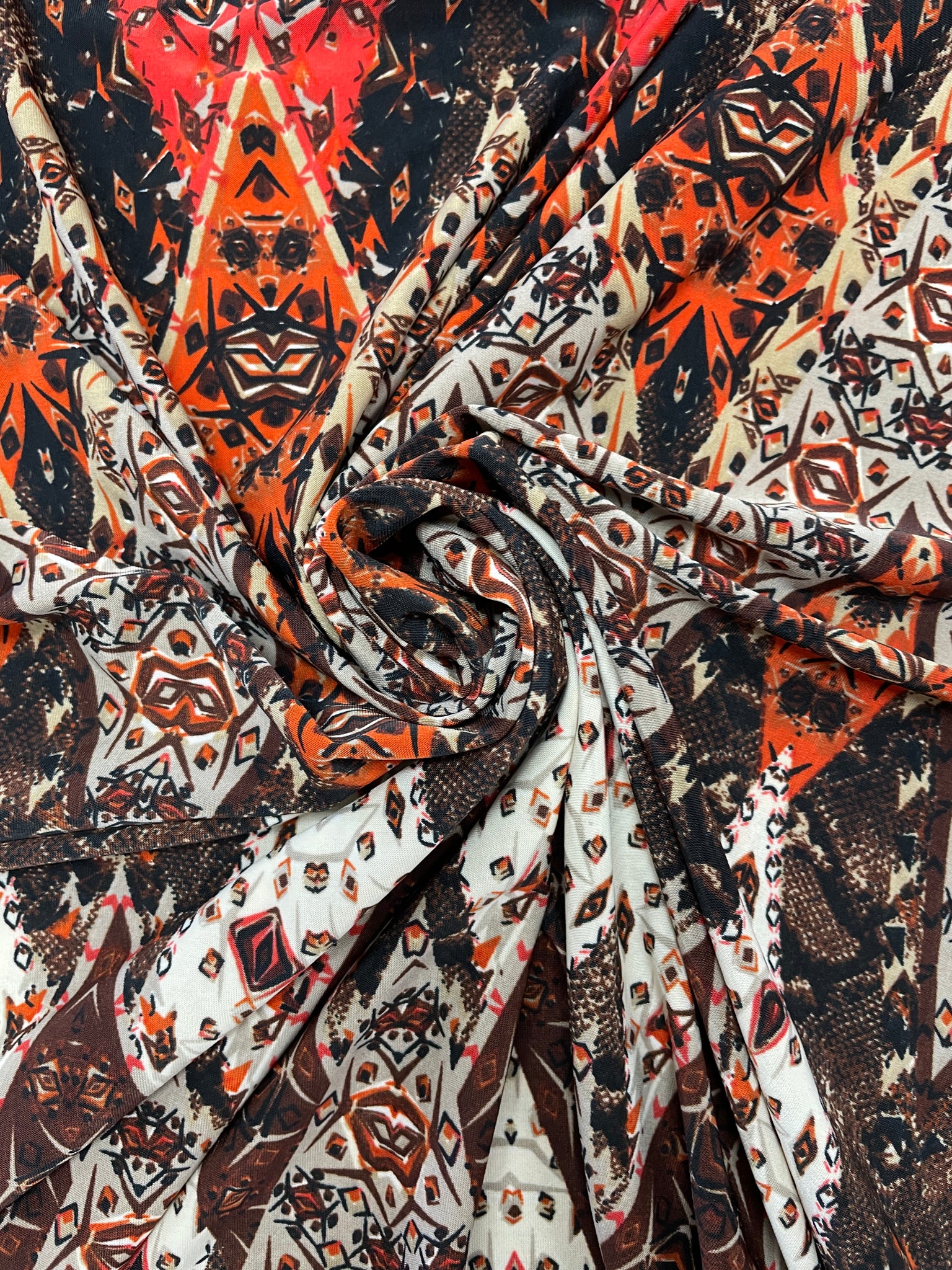 SALE 4 YD Polyester Stretch Knit - Orange, Red and Off White Diamonds with Geometrics