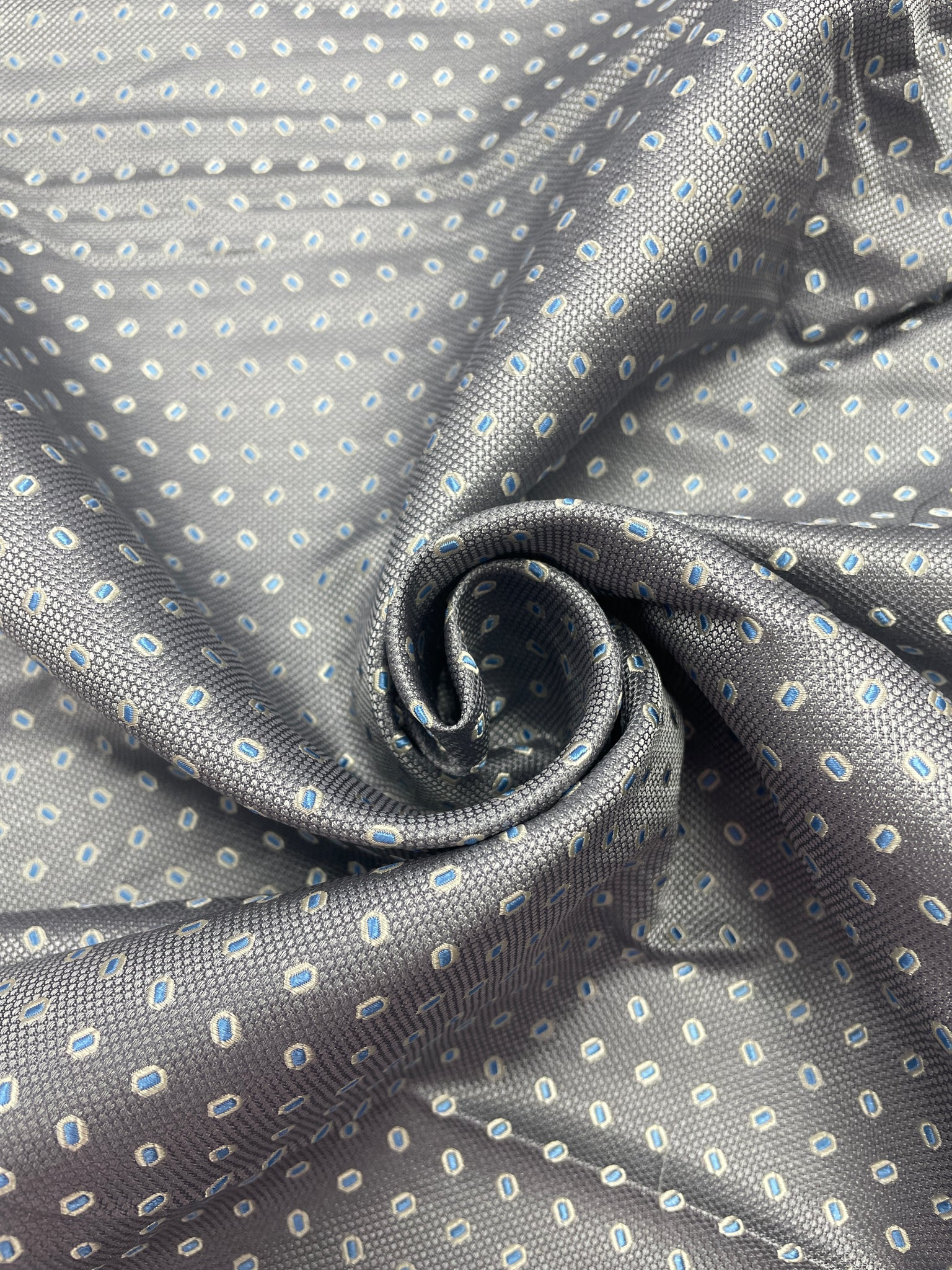 Tie Silk - Medium Gray with Light Gray Ovals with Blue Centers