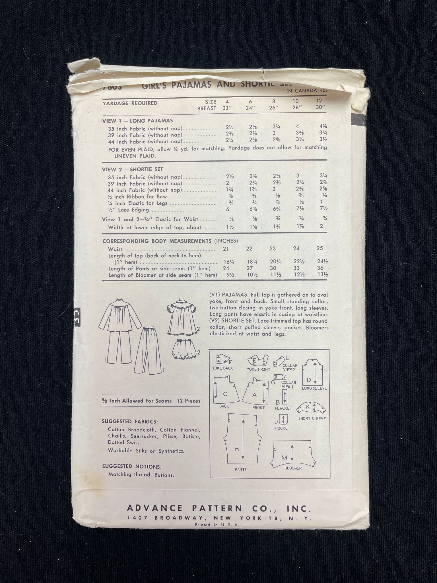 1950's Advance 7803 Sewing Pattern - Child's Pajamas