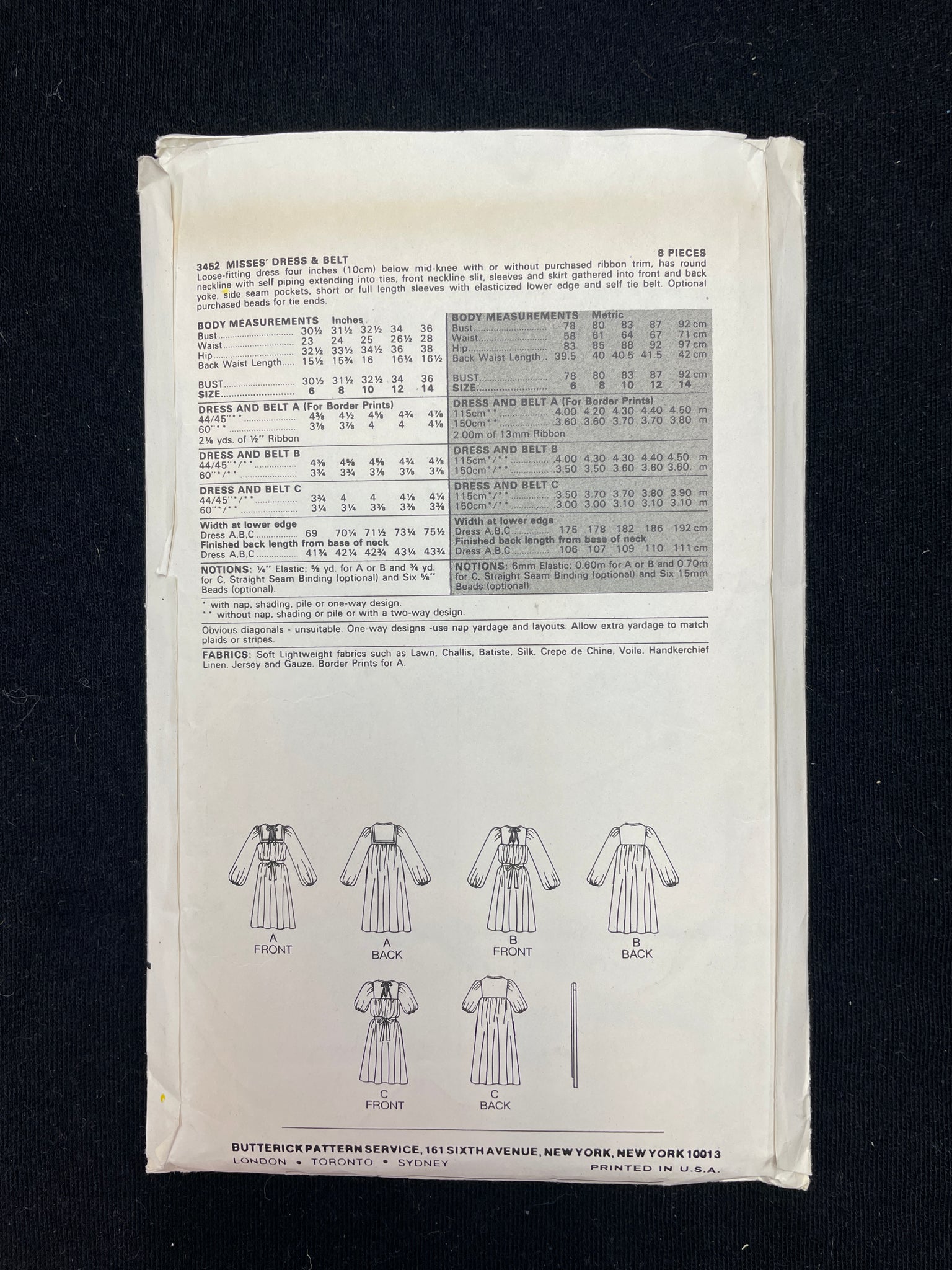 1980's Butterick 3452 Sewing Pattern - Dress and Belt