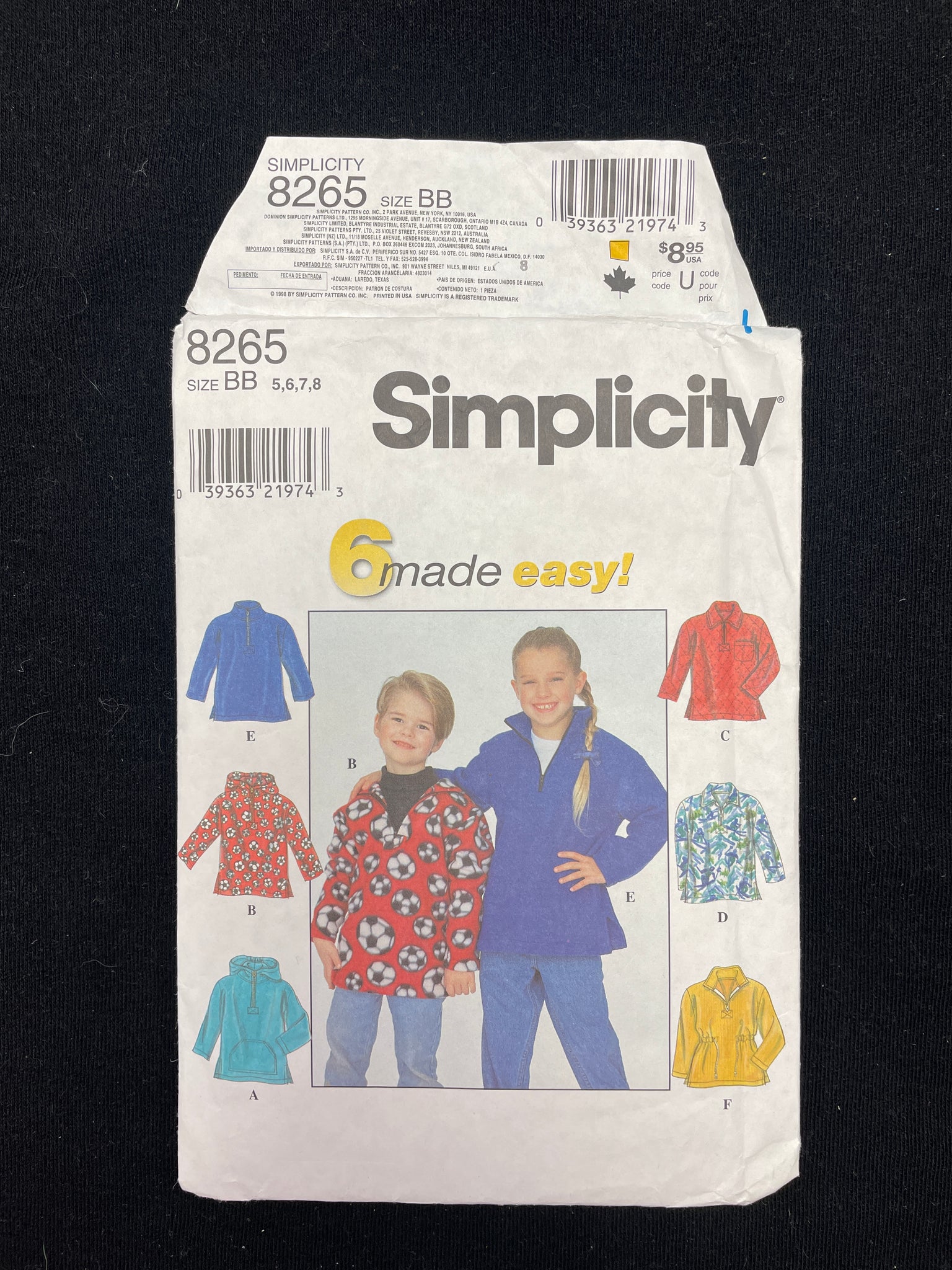 1998 Simplicity 8265 Sewing Pattern - Child's Pullover Jacket