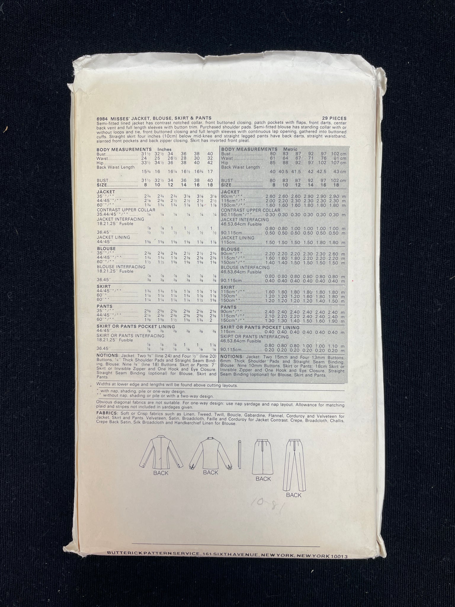 1980's Butterick 6984 Sewing Pattern - Jacket, Blouse, Skirt and Pants