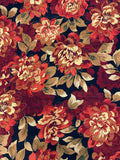 3 1/8 YD Polyester - Maroon, Orange, and Golden Yellow Flowers with Gold Glitter Accents on Black