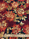 3 1/8 YD Polyester - Maroon, Orange, and Golden Yellow Flowers with Gold Glitter Accents on Black
