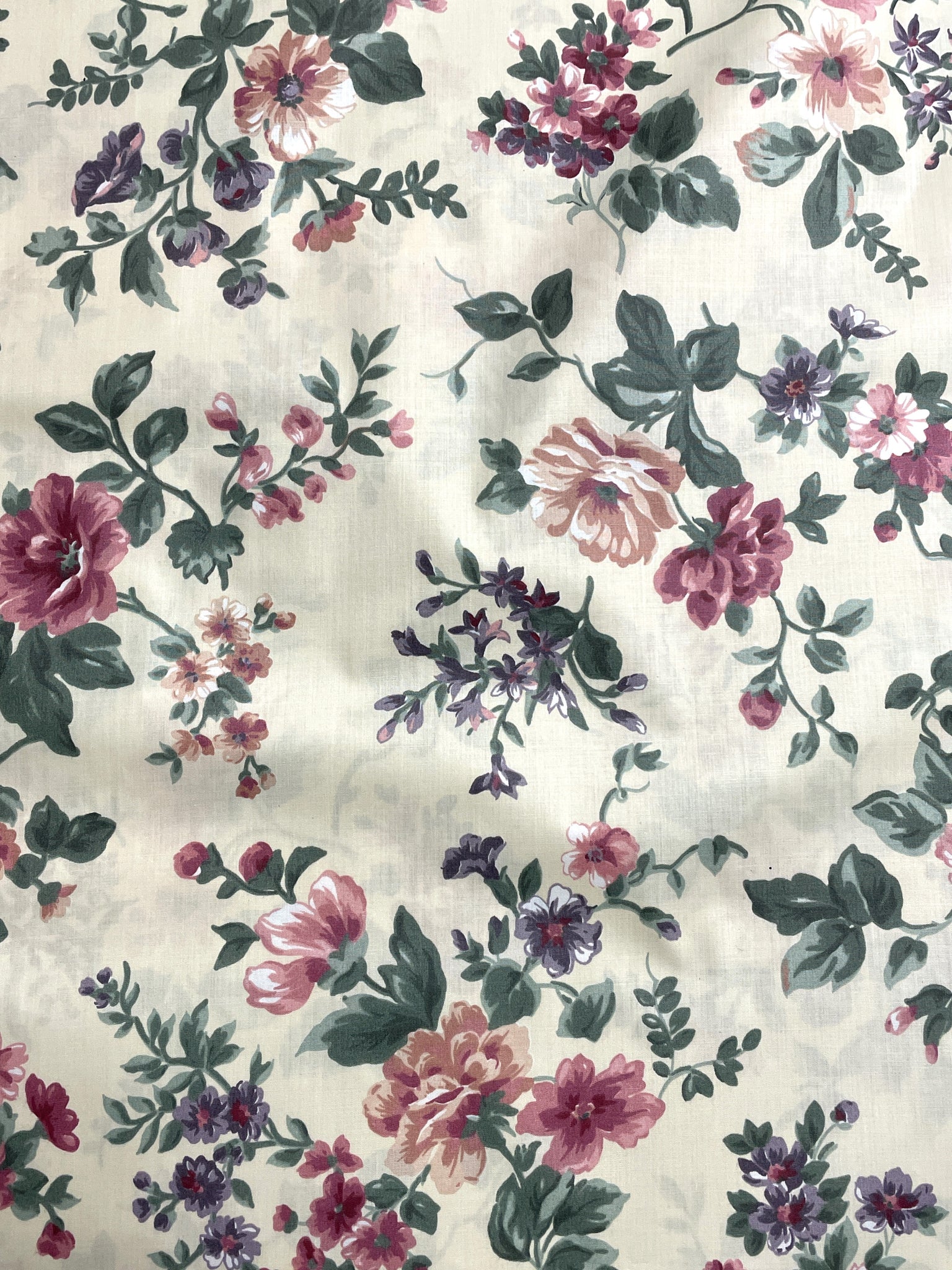 Poly/Cotton Vintage - Pale Yellow with Pink and Purple Flowers