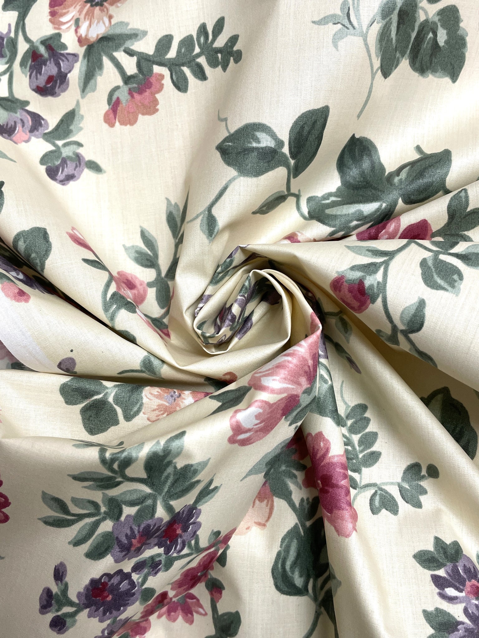 Poly/Cotton Vintage - Pale Yellow with Pink and Purple Flowers