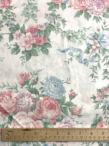 Poly/Cotton Vintage - White with Flowers in Pink, Blue and Purple with Tied in Blue Bows
