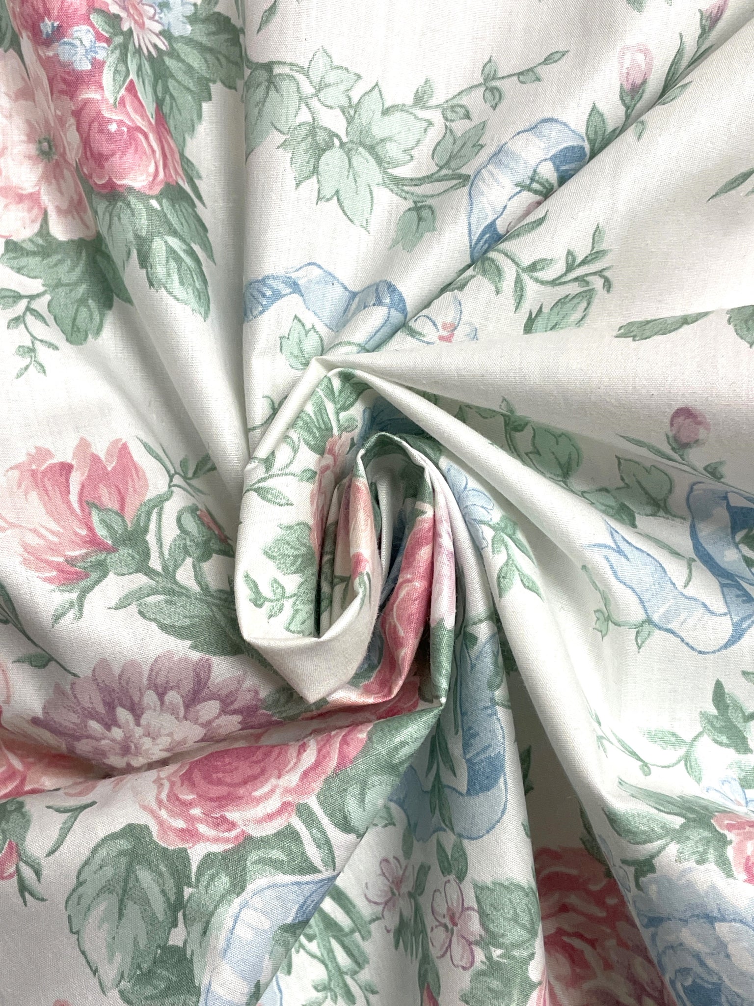 Poly/Cotton Vintage - White with Flowers in Pink, Blue and Purple with Tied in Blue Bows